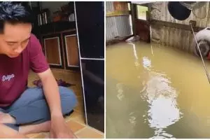 Viral dapur kebanjiran jadi empang, aksi santai pemilik rumah manfaatkan musibah ini bikin ketawa