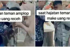 Momen pengantin dikasih amplop pakai uang receh ini bikin nyengir kuda, harus ditampung pakai ember