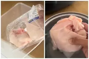 Tanpa direndam air berjam-jam, ini trik mencairkan daging ayam beku dalam 30 menit pakai 1 alat