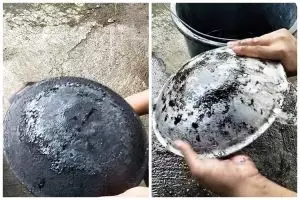 Bukan direndam air panas, cara hilangkan kerak gosong di pantat wajan ini cuma tambah 2 bahan dapur