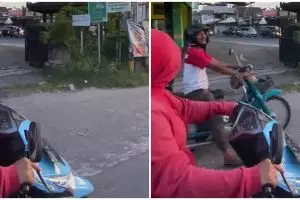Pria berkendara bawa boncengan absurd tapi nurut ini bikin pengendara lain melongo