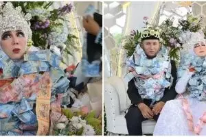 Konsep pernikahan di Madura memang beda, pengantinnya dikalungi uang sampai hampir menutupi wajah