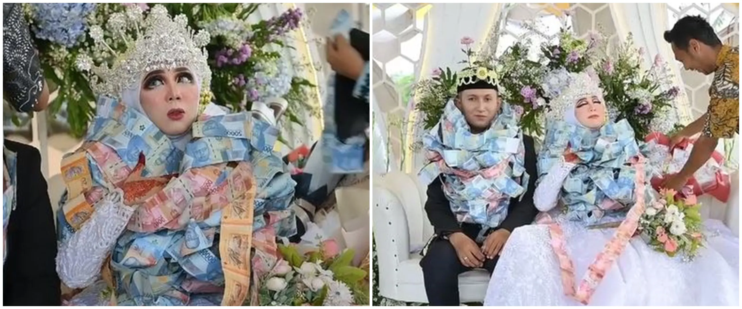 Konsep pernikahan di Madura memang beda, pengantinnya dikalungi uang sampai hampir menutupi wajah