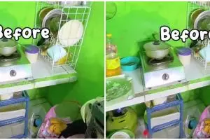 Nggak butuh effort, transformasi dapur sempit serba hijau jadi estetik ini modalnya cuma Rp 70 ribu