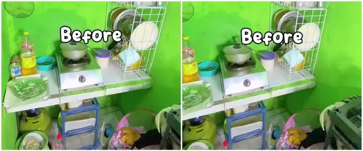 Nggak butuh effort, transformasi dapur sempit serba hijau jadi estetik ini modalnya cuma Rp 70 ribu