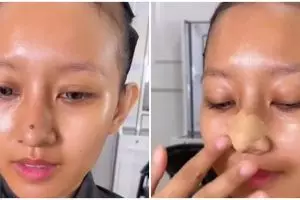 Transformasi makeup wanita dengan tahi lalat di wajah ini auto mulus, hasilnya glowing bak seleb Korea