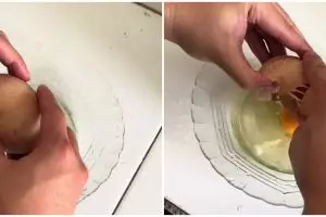 Momen cewek pecahin telur ini endingnya temukan benda tak terduga, bikin melongo