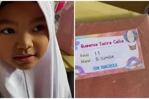 Guru SD perlihatkan catatan rapi milik muridnya yang baru kelas 1, tulisan ceker ayam minggir dulu