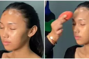 Transformasi makeup wanita dengan bekas luka di wajah ini hasilnya auto flawless, mulus bebas noda