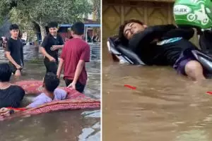 11 Potret kocak orang menghadapi banjir ini santuinya nggak ada lawan, bikin tepuk jidat