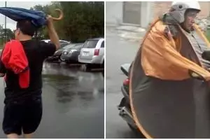 11 Potret kocak kelakuan orang nyeleneh menghindari hujan ini bikin nggak habis pikir, ada-ada aja ide