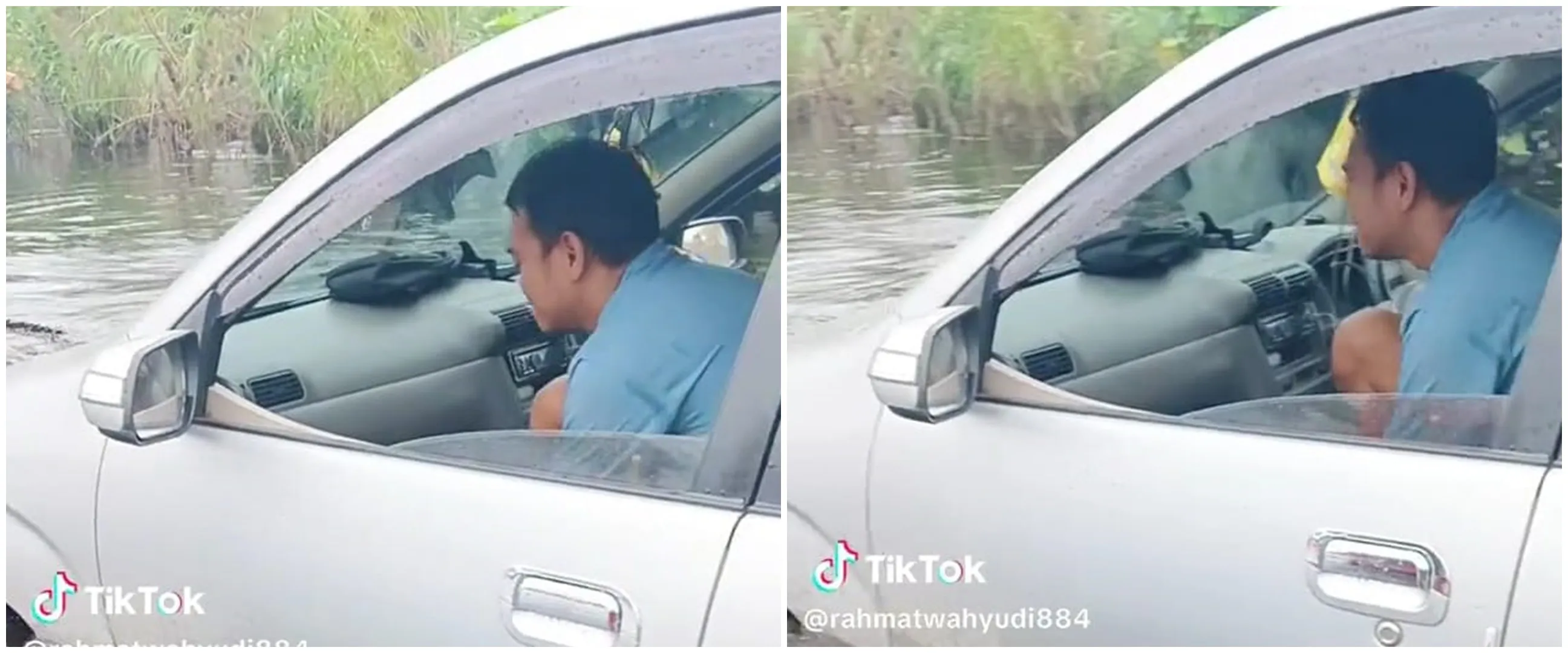 Momen pengendara mobil nerabas banjir ini sebenarnya tragis, tapi caranya bikin nyengir kuda