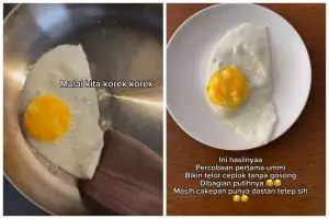 Tanpa perlu dibolak-balik, cara mamah muda bikin telur ceplok ini hasilnya utuh dan antigosong