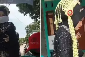 Tinggalkan resepsi demi nyoblos, wanita datang ke TPS dengan kostum pengantin ini tuai sorotan