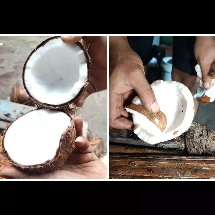 Tak perlu dikupas, trik bapak-bapak melepas daging kelapa dari batoknya ini super cepat dan praktis