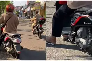 Kelakuan warga +62 emang di luar nalar, momen pria tetap bawa motor meski bannya bocor bikin heran