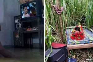 45 Potret kocak gaya orang nonton TV ini bikin garuk kepala, referensinya dari mana sih?