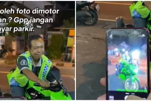Momen tukang parkir diperbolehkan foto di atas motor sport ini definisi bahagia itu sederhana