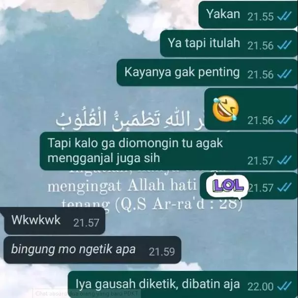 Chat absurd dua orang yang baru PDKT Berbagai sumber Chat absurd dua orang yang baru PDKT Berbagai sumber