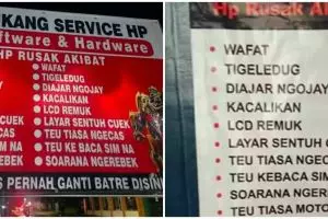 11 Potret kocak spanduk tukang servis HP ini nyeleneh pol, strategi marketingnya bikin melongo