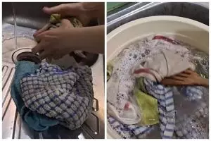 Tak gunakan sabun cuci piring, ini cara cuci lap dapur berminyak dan bau tengik ditambah 2 bahan dapur