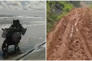 Jalan menuju desa rusak berat, warga nekat lewat tepian laut sebagai akses alternatif walau berisiko