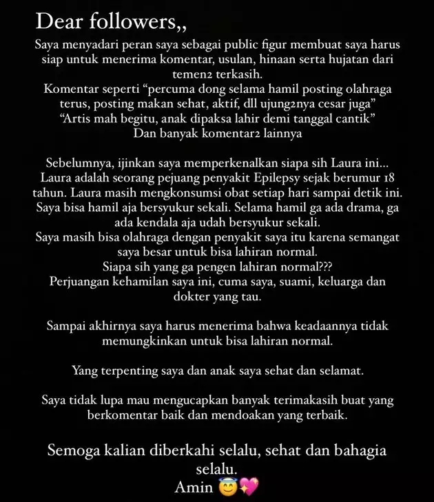 tanggapan laura dinyinyiri lahiran caesar © instagram