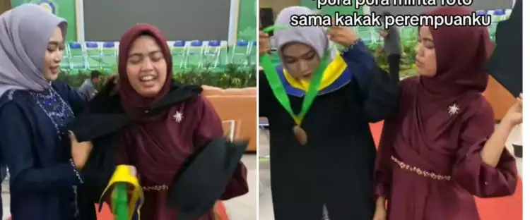 Momen wanita pinjamkan toga ke kakaknya yang lulusan SMP saat wisuda, kisah di baliknya bikin haru
