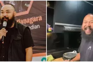 11 Potret dapur komika Wira Nagara berkonsep terbuka dengan taman mini, ada meja bar minimalis
