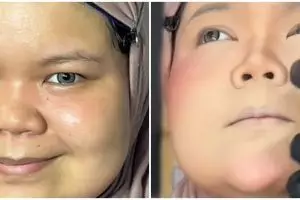 Hasilnya lebih tirus, transformasi makeup cewek wajah bulat dan lebar ini riasan matanya bikin salfok