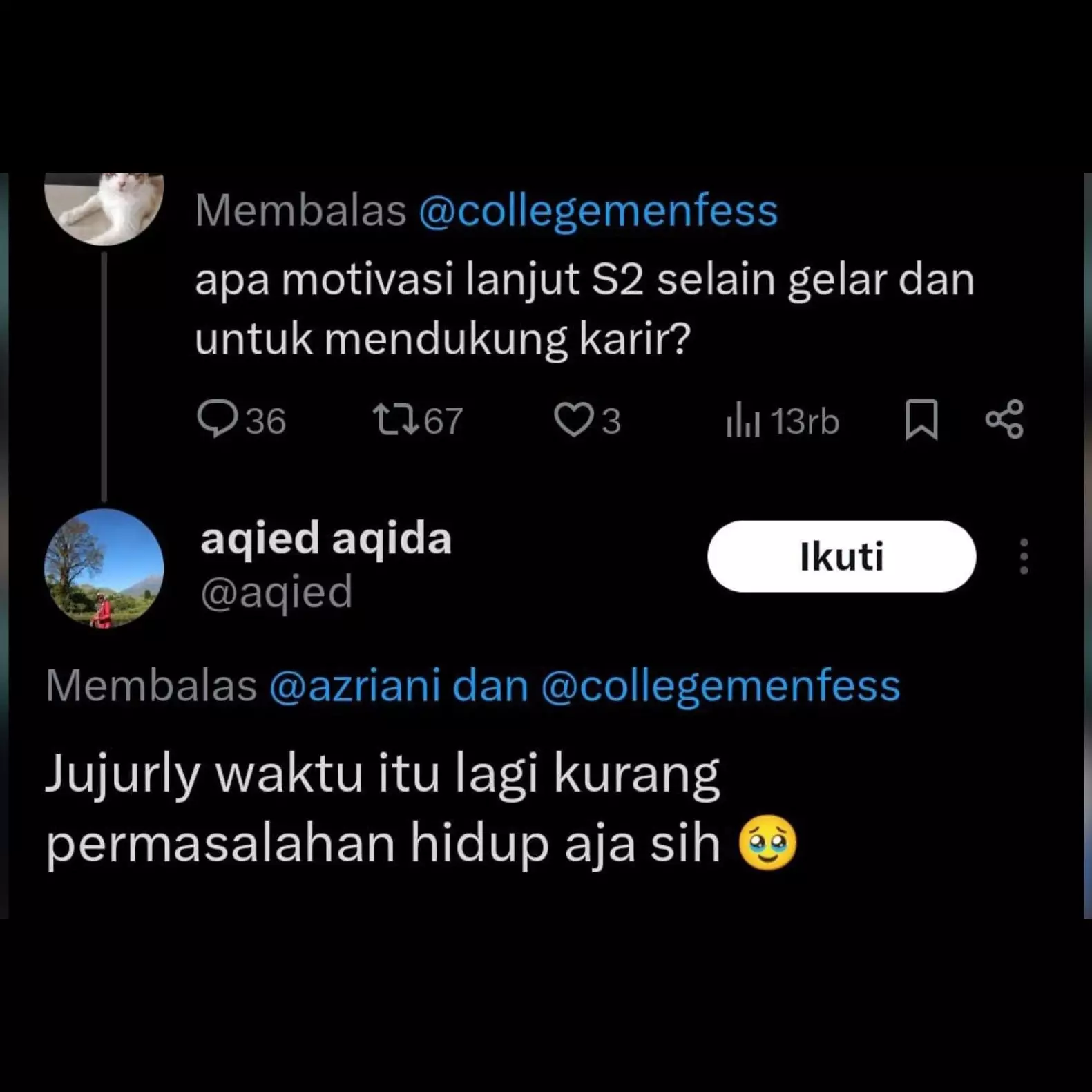 11 Jawaban kocak netizen X saat ditanya motivasi lanjut S2 ini nggak niat abis, bikin menghela napas