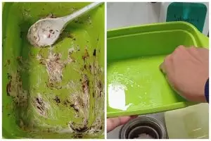 Tanpa digosok spons, cara bersihkan noda mentega di wadah pakai 2 bahan dapur ini hasil kesat maksimal