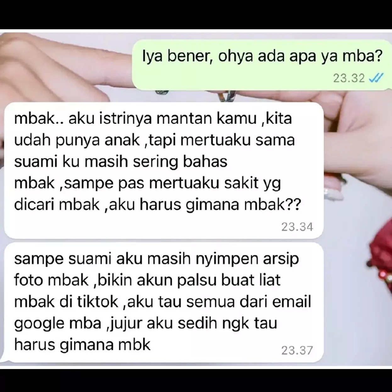 Istri curhat ke mantan pacar suami lantaran mertua dan suaminya tak bisa move on, kisahnya bikin pilu