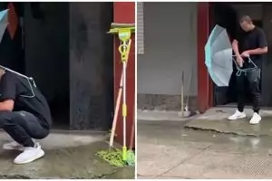 Cuma pakai hanger, lifehack nyeleneh pria bikin payung bak ransel ini unik banget, patut dicoba