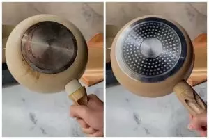 Nggak perlu dicuci, ini cara praktis hilangkan kerak gosong di pantat teflon andalkan 2 bahan dapur