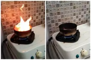 Tak disiram air atau ditutup handuk basah, ini cara padamkan wajan terbakar api pakai 1 alat sederhana