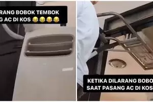 Dilarang membobok tembok kos, lifehack nyeleneh pria pas pasang AC ini idenya menantang gravitasi