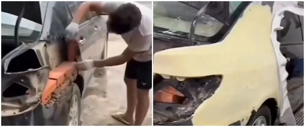 Lifehack nyeleneh cara tambal bodi mobil yang rusak ini ngawur pol, kuli bangunan pasti nggak setuju