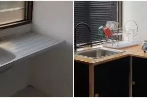 11 Cara bikin dapur kabinet cuma pakai papan, cocok buat rumah subsidi yang tak ada area masak