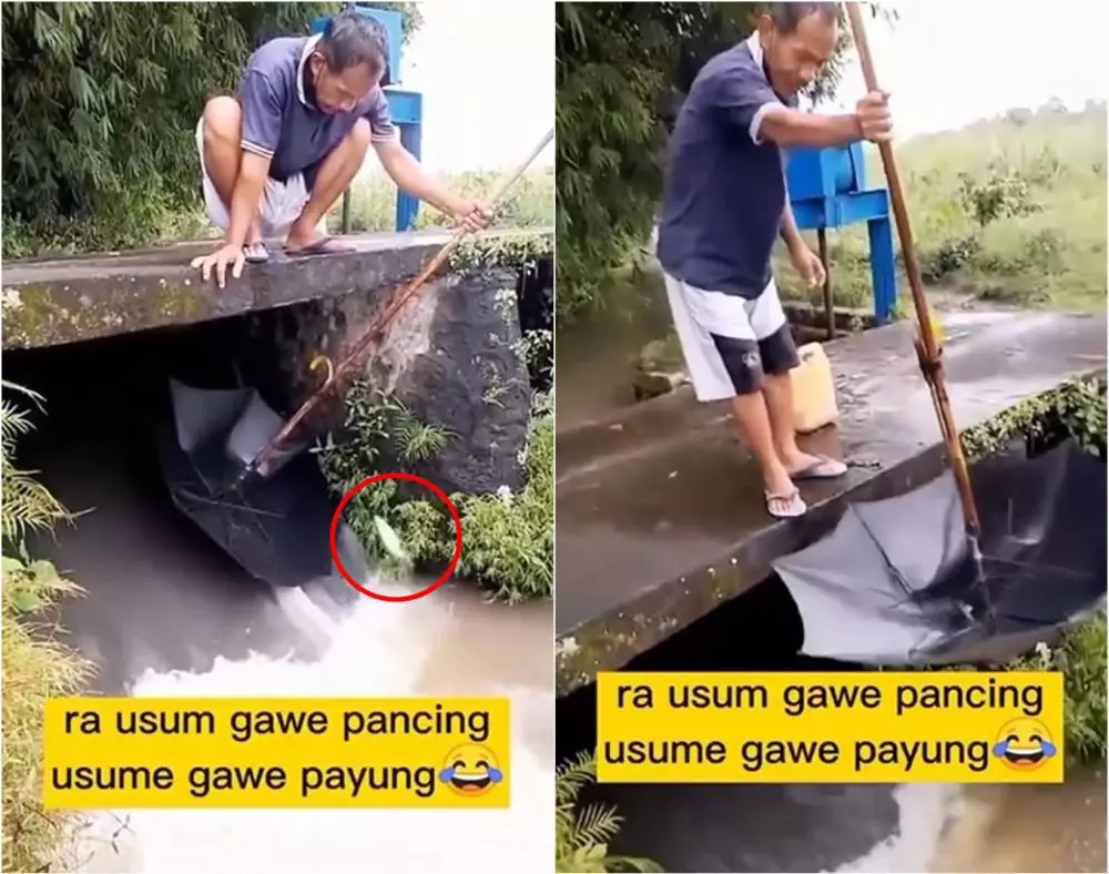 lifehack nyeleneh mancing pakai bambu dan payung Instagram