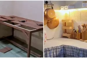 9 Cara bikin dapur tanpa cor dari meja kayu, cocok diletakkan di sudut kontrakan minimalis