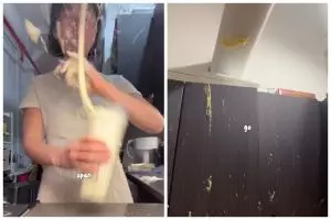 Momen apes wanita saat bikin kue, adonannya muncrat sampai ke langit-langit rumah bikin speechless