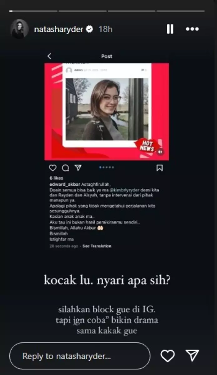 Natasha Ryder tanggapi Edward Akbar © Instagram
