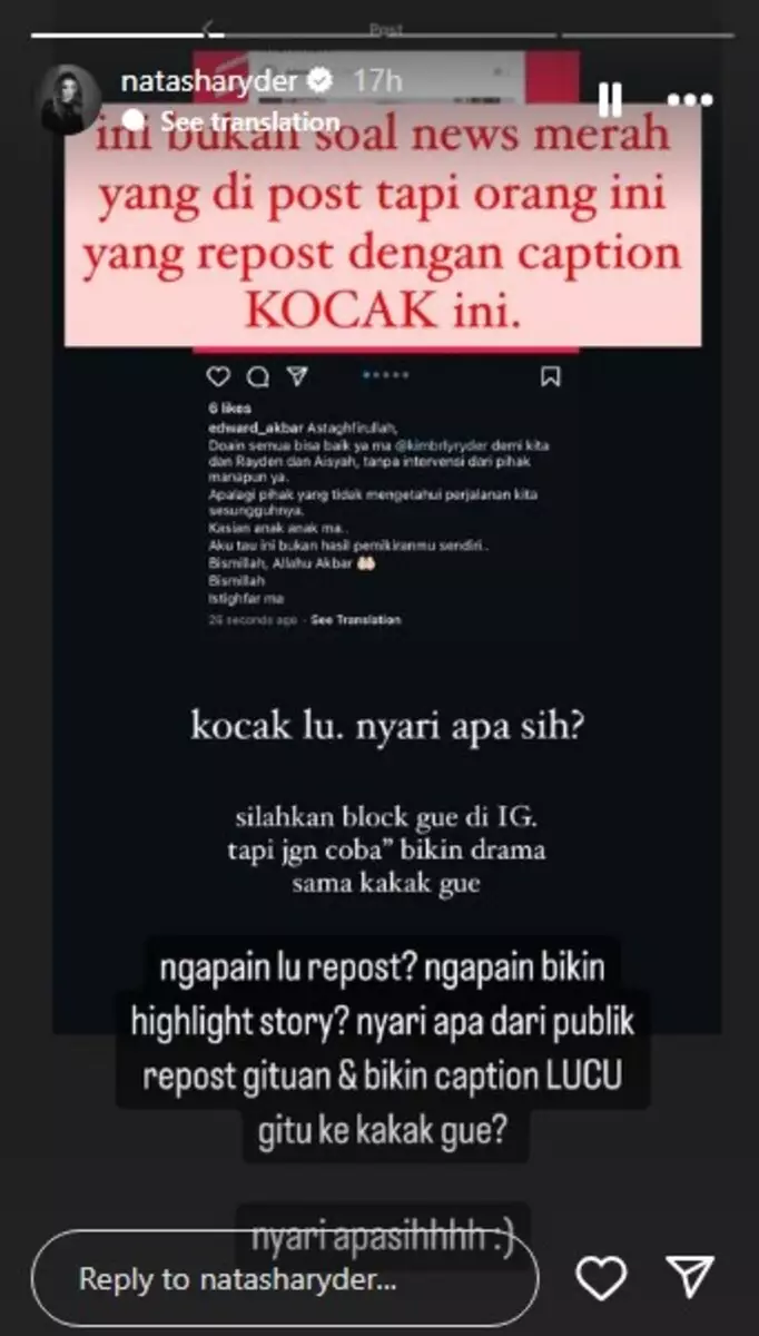 Natasha Ryder tanggapi Edward Akbar © Instagram