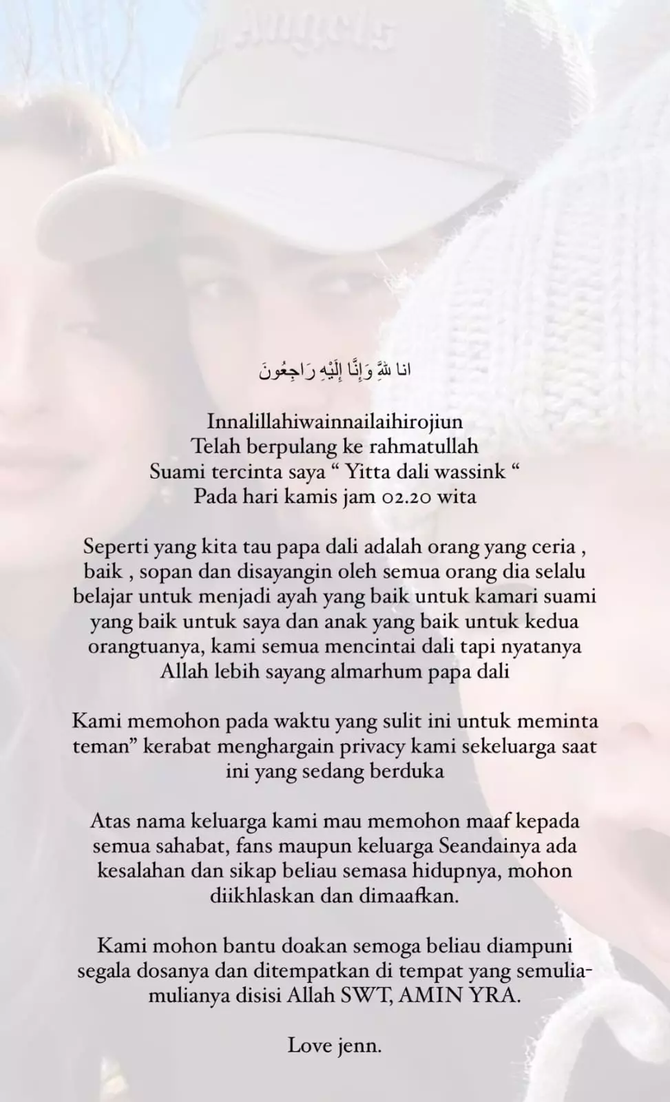 Suami Jeniffer Coppen meninggal dunia © Instagram Suami Jeniffer Coppen meninggal dunia © Instagram