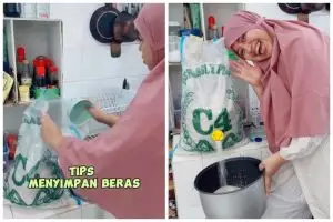 Kreatif banget, emak-emak ini punya trik sulap karung jadi dispenser beras cukup tambah 1 alat dapur