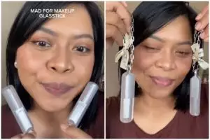 Packaging-nya bisa jadi bag charm, ini swatches 2 warna Glasstick Mad For Makeup di bibir gelap