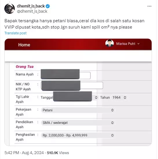 terungkap profesi ayah Marisa Putri © X