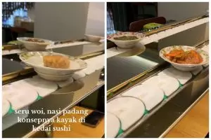 Bukan ditata di meja, rumah makan Padang ini unik penyajian makanannya bak di restoran Jepang