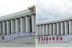 Momen detik-detik paskibraka ambruk saat penyerahan duplikat bendera dan teks proklamasi tiba di IKN